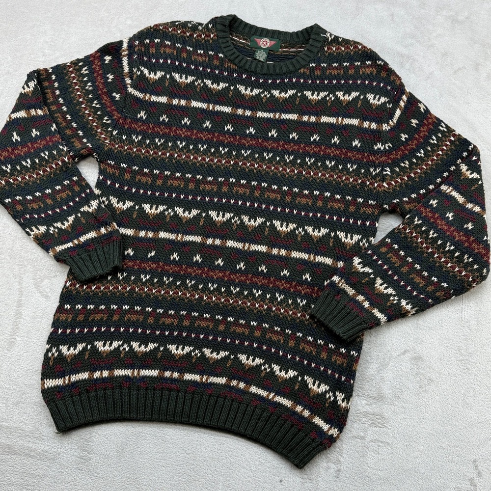 VTG American Outpost Sweater Mens XL Green Fair Isle Ramie Cotton Knit Crewneck